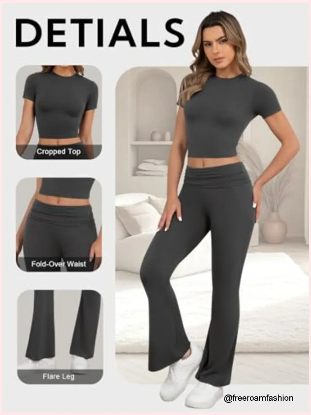 Two Piece Lounge Set - Crop Top & Flare Pants Travel Outfit - Picture 4 of 7